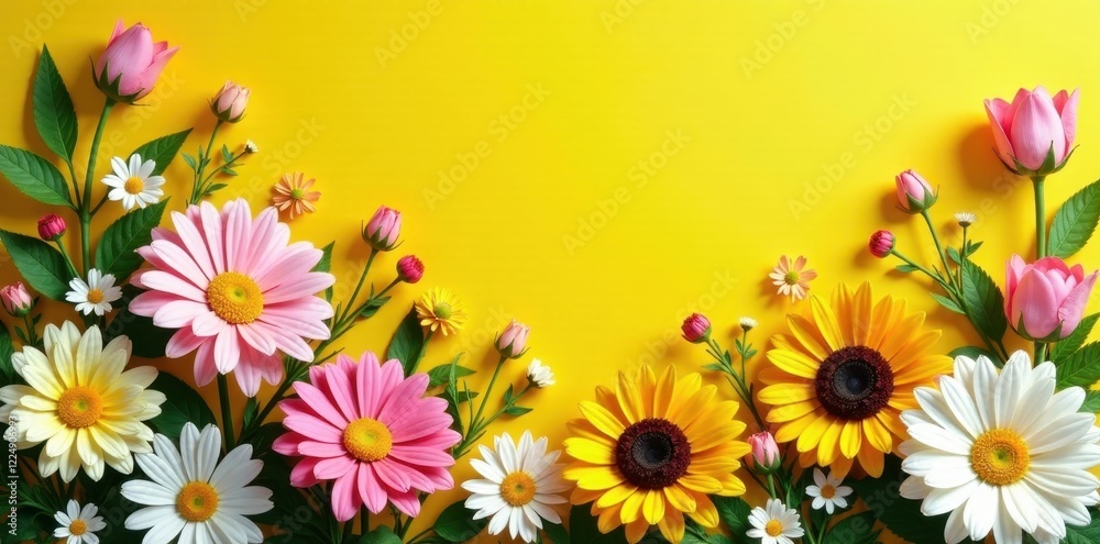 Vibrant Floral Arrangement on Sunny Yellow Background Featuring Daisies, Sunflowers, and Tulips, Perfect for Springtime Celebrations or Festive Occasions