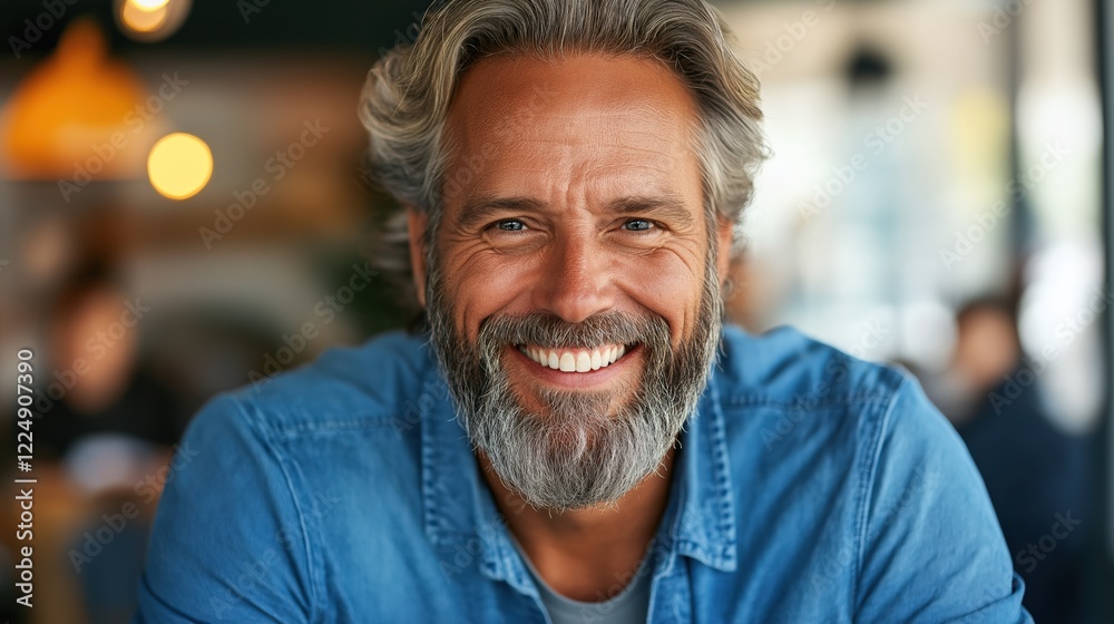 A Joyful Middle-Aged Man with a Friendly Smile Enjoying a Relaxed Moment in a Cozy Café Setting, Showcasing Natural Beard and Cheerful Personality A Joyful Middle-Aged Man with a Friendly Smile Enjoying a Relaxed Moment in a Cozy Café Setting, Showcasing Natural Beard and Cheerful Personality