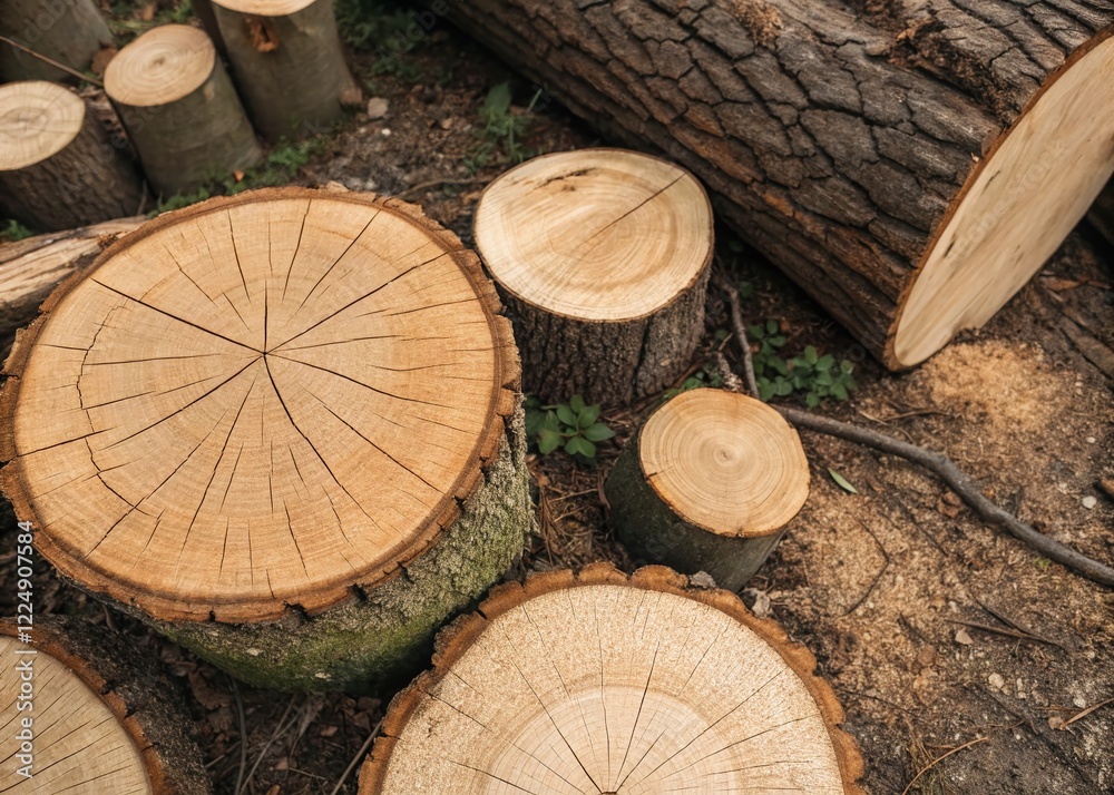 Naklejka premium Rustic Wooden Logs: Detailed Texture and Cut Sections - Stock Photo
