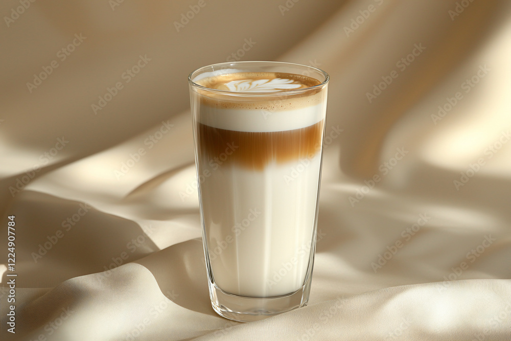 A beautifully layered latte in a clear glass, set against a soft, cream-colored fabric backdrop A beautifully layered latte in a clear glass, set against a soft, cream-colored fabric backdrop