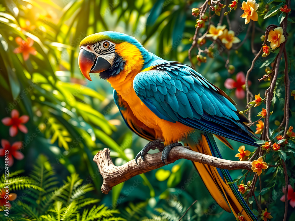 Obraz premium A brightly colored macaw parrot perched on a branch in a lush tropical forest
