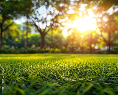 Sunlit Grass Peaceful evening sunlight bathes a vibrant green field, scenic nature background.