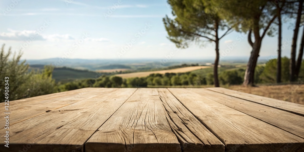 Obraz premium Rustic Wooden Tabletop Mockup: Aerial View for Product Display & Design Layouts