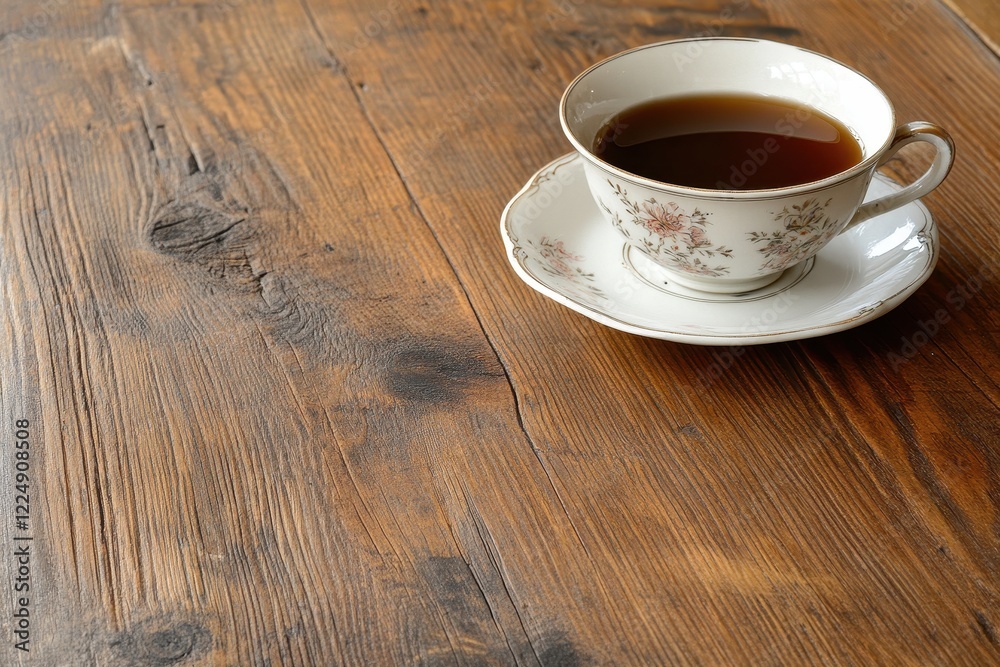 Obraz premium Elegant Tea Cup with Saucer and Dark Liquid on Rustic Wooden Table Surface