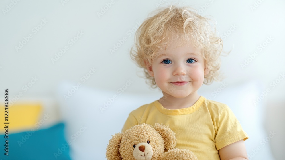 Smiling Child in Pediatric Clinic Holding Teddy Bear with Cheerful Expression Smiling Child in Pediatric Clinic Holding Teddy Bear with Cheerful Expression