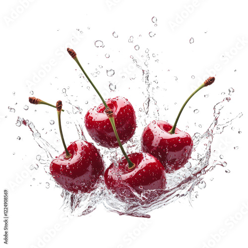 Fresh Cherries Splashing in Clear Water with Bubbles