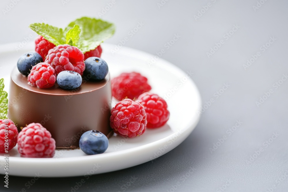 Gourmet Dessert Plate with Chocolate Fondant and Fresh Berries on Gray Background Gourmet Dessert Plate with Chocolate Fondant and Fresh Berries on Gray Background
