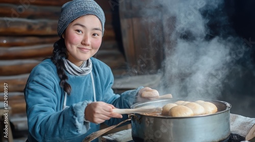 a Yakutian woman cooking traditional dishes on a wood stove, with homemade bread  photo