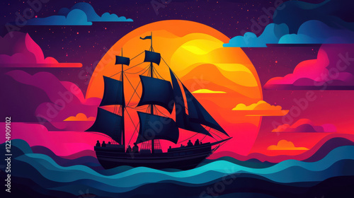 Unsolved mysteries, illustration, A serene image of a ship sailing beneath a vibrant aurora, showcasing ethereal colors and a ghostly atmosphere in high fidelity. photo