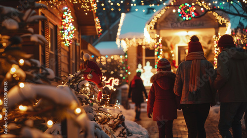 On a holiday lights tour, families walk together through a decorated neighborhood, admiring homes adorned with festive lights and exchanging greetings.