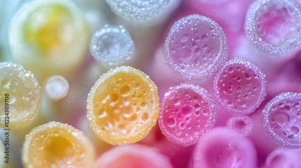 Close-up of colorful, textured cylindrical objects with bubbles. Close-up of colorful, textured cylindrical objects with bubbles.