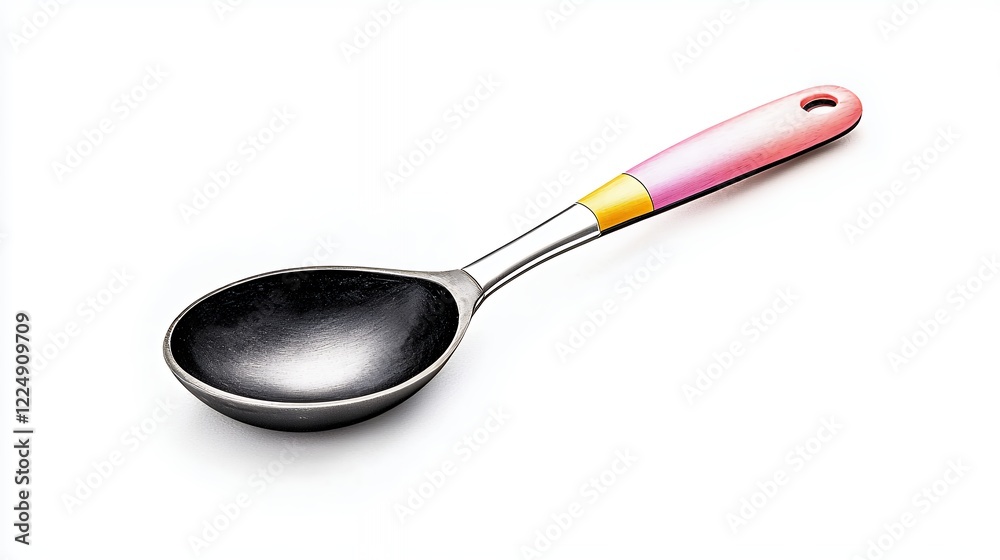 Close Up Of A Dark Colored Serving Spoon With A Two Tone Pink And Yellow Handle