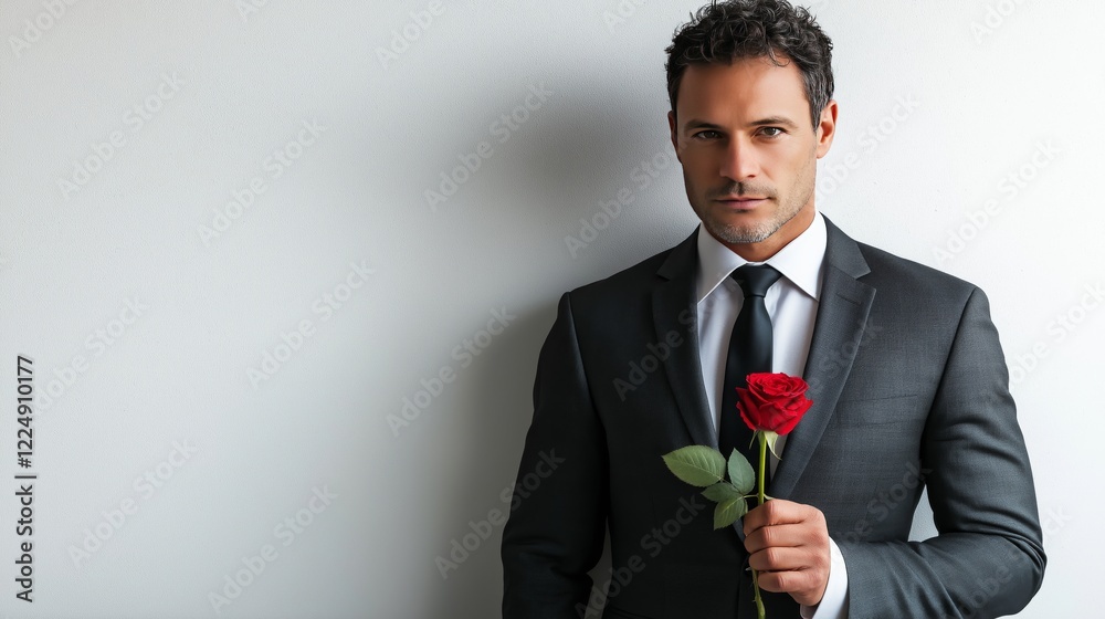 Handsome man in suit holding red rose against plain backdrop Handsome man in suit holding red rose against plain backdrop