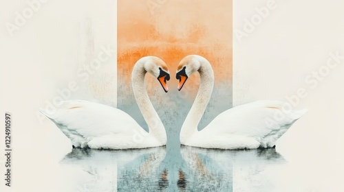 Valentine Heart-Shaped Lake Art with Swans Monogamy Love