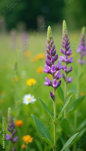 Tufted vetch in a field with other wildflowers and foliage, vicia cracca, field photo