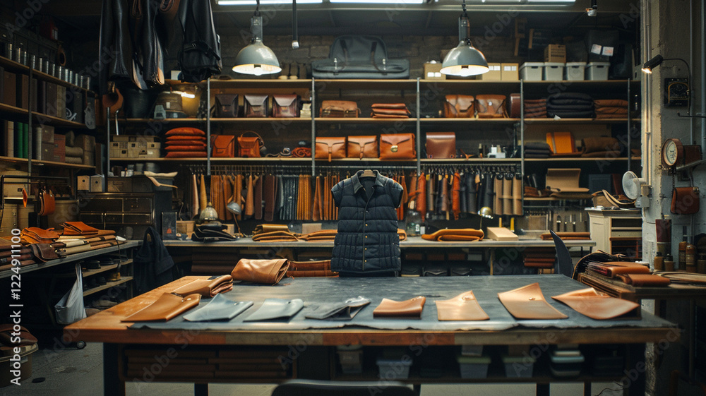 A leather goods production workshop where artisans craft bags, wallets, and shoes from high-quality leather. Hand-stitching and precise cutting showcase the craftsmanship and durability A leather goods production workshop where artisans craft bags, wallets, and shoes from high-quality leather. Hand-stitching and precise cutting showcase the craftsmanship and durability