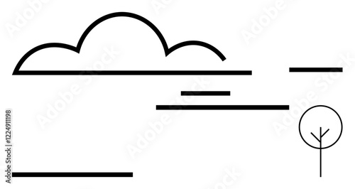 Curved cloud, simple tree, and linear elements create a minimalist landscape. Ideal for nature concepts, tranquility, balance, design simplicity, abstract art, logos line art flat metaphor