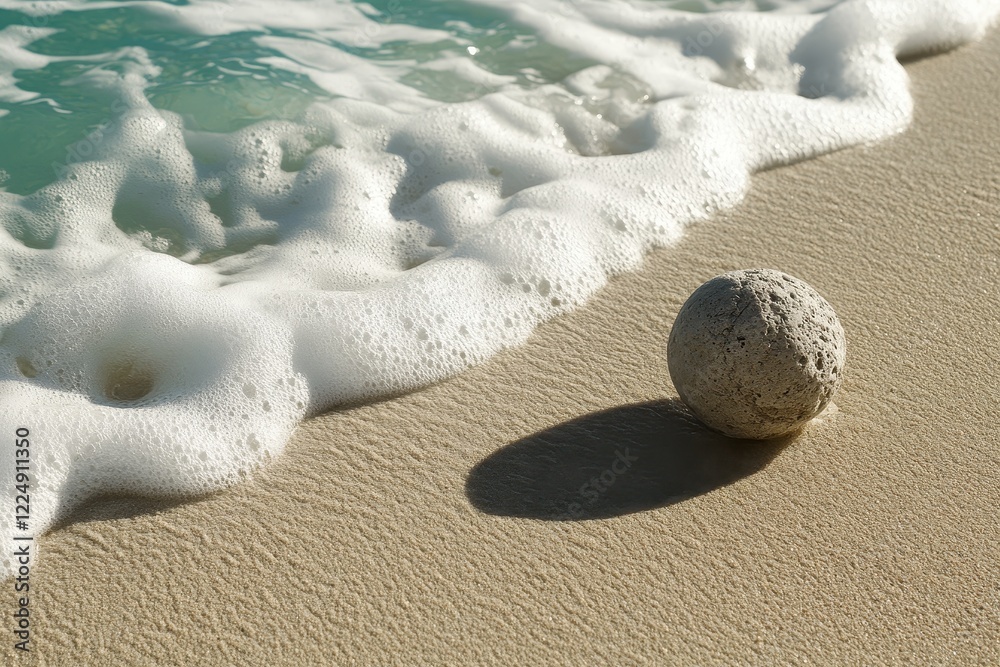 Obraz premium Single Round Rock on Sandy Beach with Gentle Waves and Foam in Bright Natural Light
