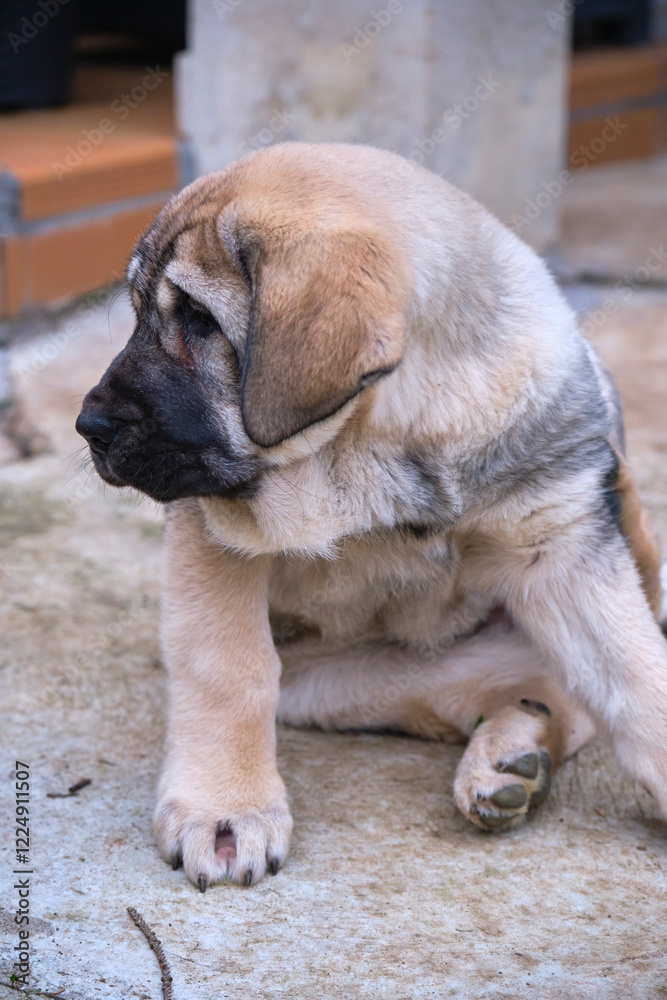 Spanish mastiff puppy sitting and looking away Spanish mastiff puppy sitting and looking away