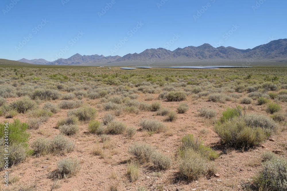 Expansive Desert Landscape with Shrubbery, Mountains and Clear Blue Sky in Daylight Setting Expansive Desert Landscape with Shrubbery, Mountains and Clear Blue Sky in Daylight Setting