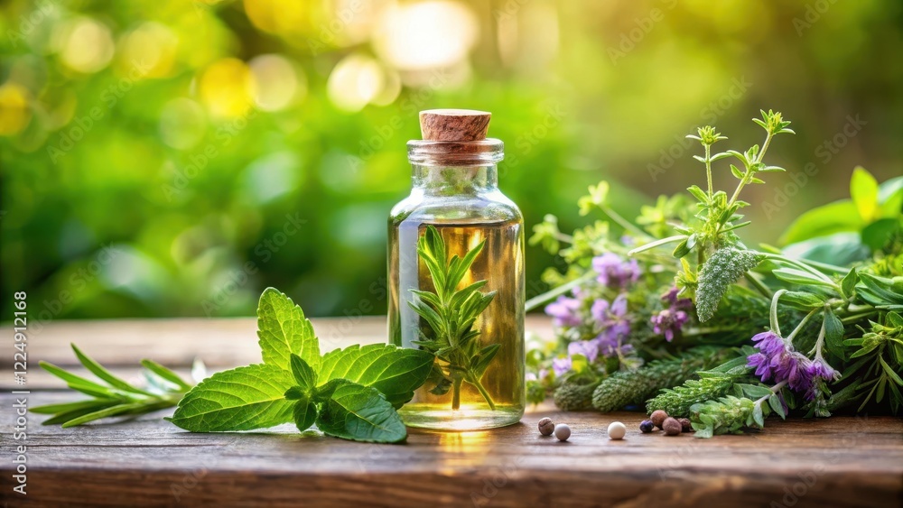 Aromatic herbs in a glass bottle with essential oils, fresh, fragrance, fresh,fragrance Aromatic herbs in a glass bottle with essential oils, fresh, fragrance, fresh,fragrance