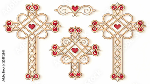 The image displays three decorative cross designs with a Celtic knot style, rendered on a white background. Each cross is crafted with interwoven, swirly lines in a golden beige tone. 
