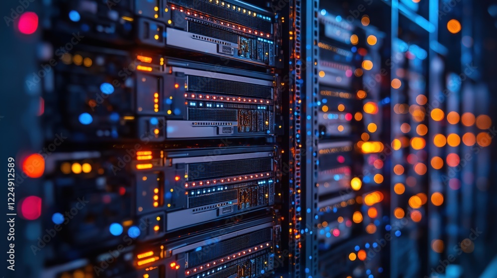 Naklejka premium Intricate Close-Up View of a High-Tech Data Center Featuring Illuminated Server Racks with Multiple Colors, Showcasing the Heart of Modern Computing Infrastructure.