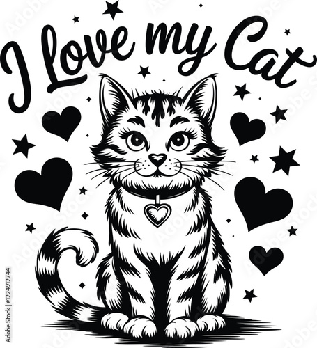 A vector art illustration for the text of I Love My Cat, cat with red heart, Cat Lover vector art design