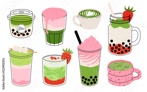 Set of Japan matcha latte. Collection of matcha drinks with latte art heart, leaf, bear, rabbit. Green iced matcha latte in various cups. Vector Illustration, flat cartoon Icons.