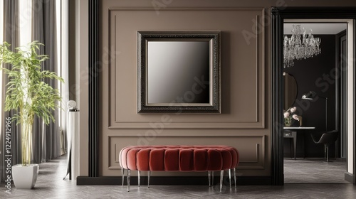 A stylish entryway with a modern bench, a framed mirror and a potted plant near a doorway