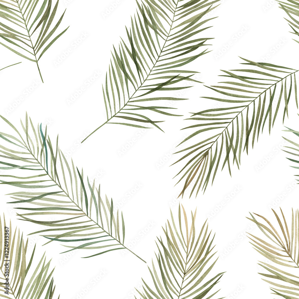 Jungle summer print. Watercolor seamless pattern with palm leaves  on white background. Hand drawn illustration