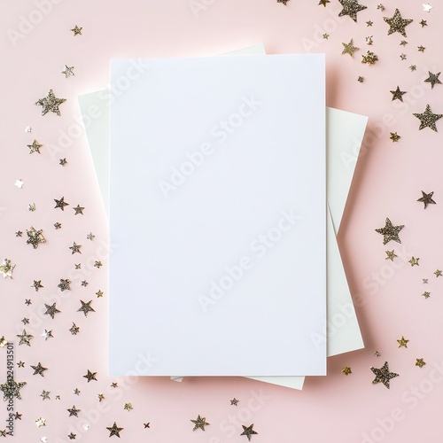 Blank Paper on Pastel Background with Decorative Pearls and Glitter Stars