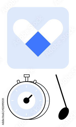 Stopwatch with swinging pendulum and modern heart icon representing balance, timing, health, and precision. Ideal for time management, healthcare, wellness, data, productivity and abstract line flat