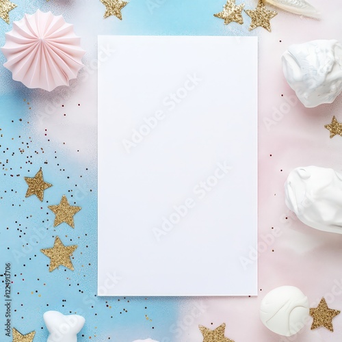Blank Paper on Pastel Background with Decorative Pearls and Glitter Stars