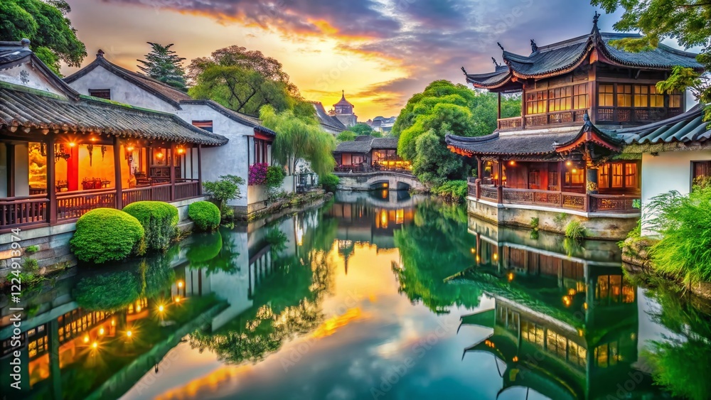 Obraz premium Serene Chinese Garden Architecture by Water, Shenyuan, Shaoxing, China - Stock Photo