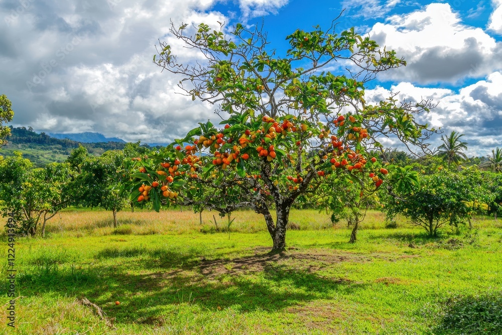 Cashew Tree with Fruit A tropical cashew tree showing vibrant red and yellow cashew apples with attached nuts Cashew Tree with Fruit A tropical cashew tree showing vibrant red and yellow cashew apples with attached nuts