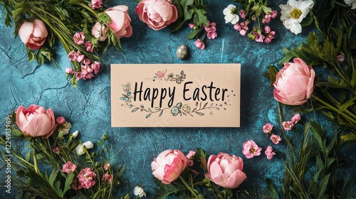 A charming handcrafted card wishing Happy Easter is surrounded by delicate pink peonies, vibrant greens, and small blossoms, celebrating the joy of spring and renewal