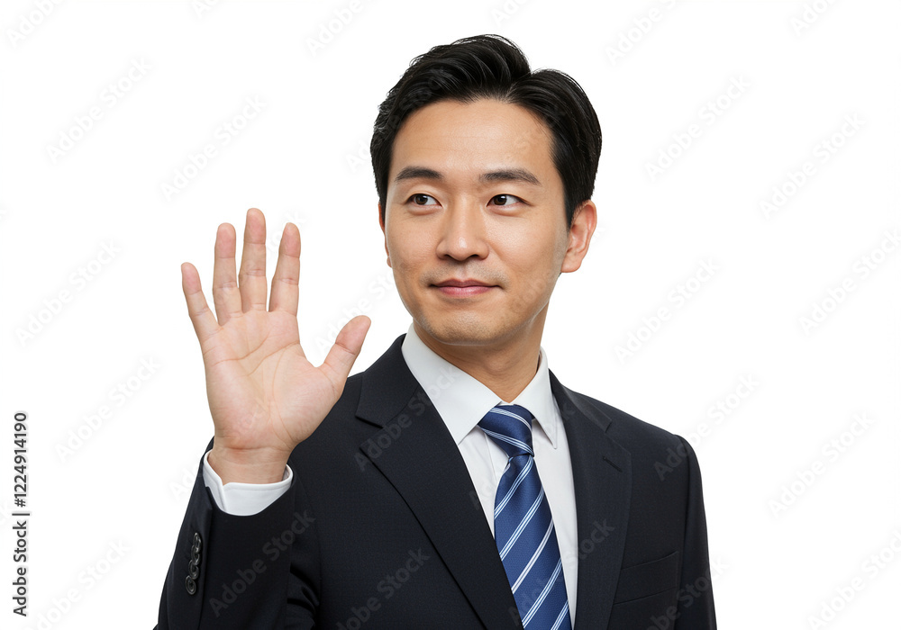Businessman waving hand in formal suit with a confident smile Businessman waving hand in formal suit with a confident smile