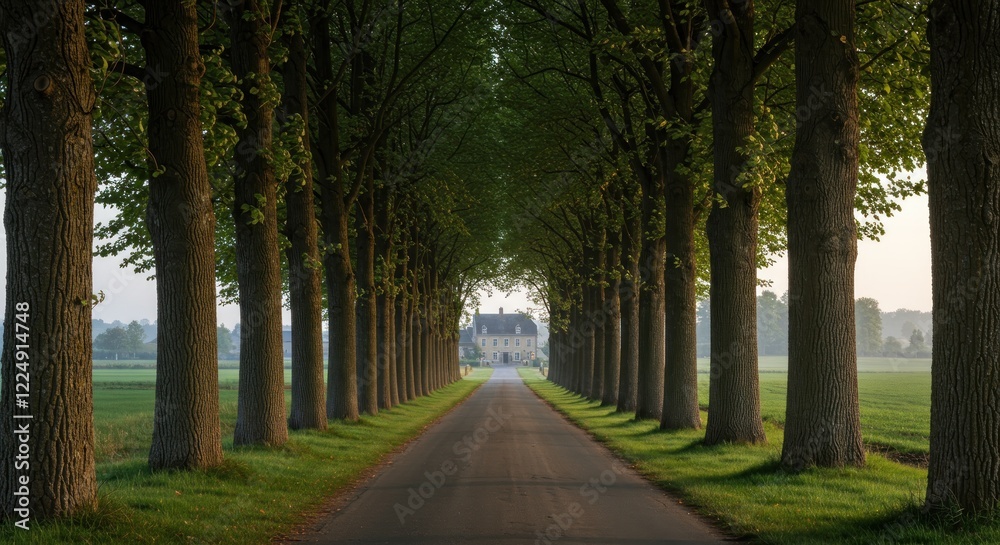 Serene Countryside Lane: Majestic Tree-Lined Road Leading to a Charming Farmhouse Serene Countryside Lane: Majestic Tree-Lined Road Leading to a Charming Farmhouse