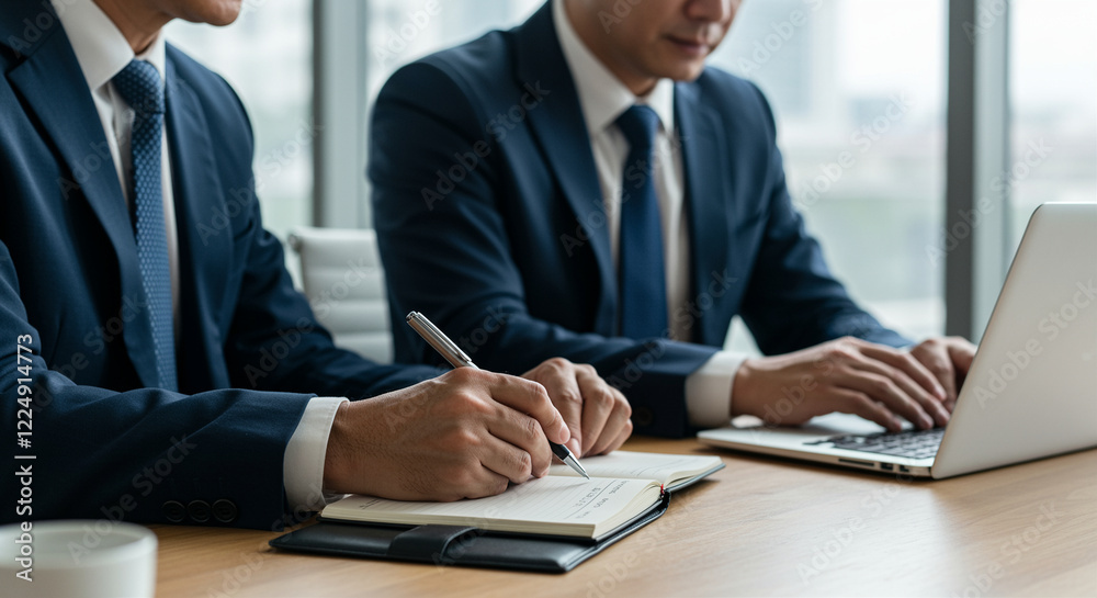 Business meeting with professionals discussing strategies while taking notes and using a laptop Business meeting with professionals discussing strategies while taking notes and using a laptop