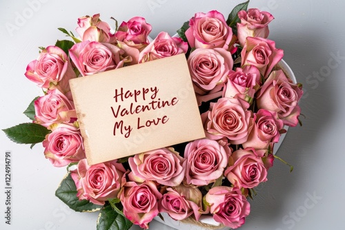 Heart-shaped pink rose bouquet with eucalyptus leaves, accompanied by a romantic card reading "Happy Valentine My Love," showcasing a symbol of love and affection. MZ