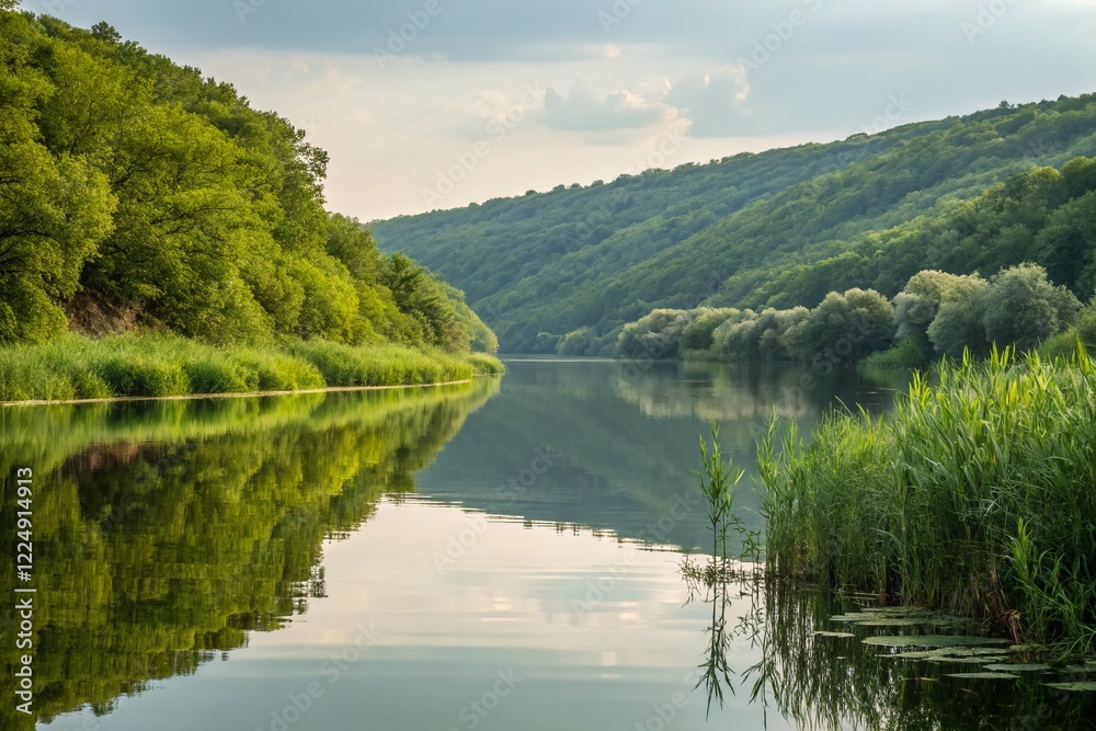 Fototapeta premium Serene Dniester River Tributary: Calm Waters & Lush Green Banks in Ukraine