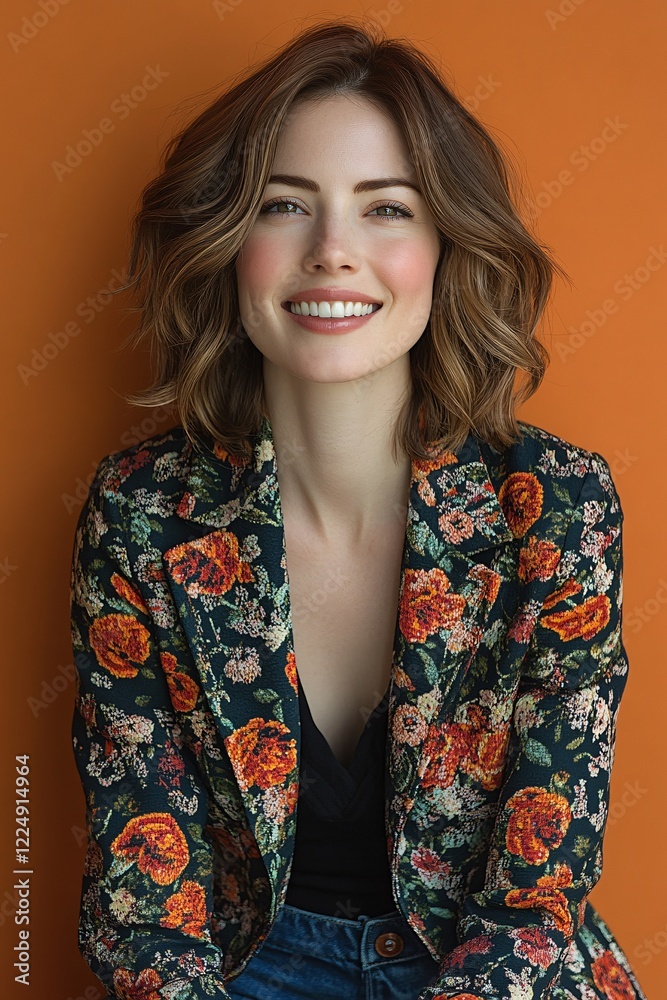 Joyful Moments: Happy Woman Laughing on Orange Background Joyful Moments: Happy Woman Laughing on Orange Background