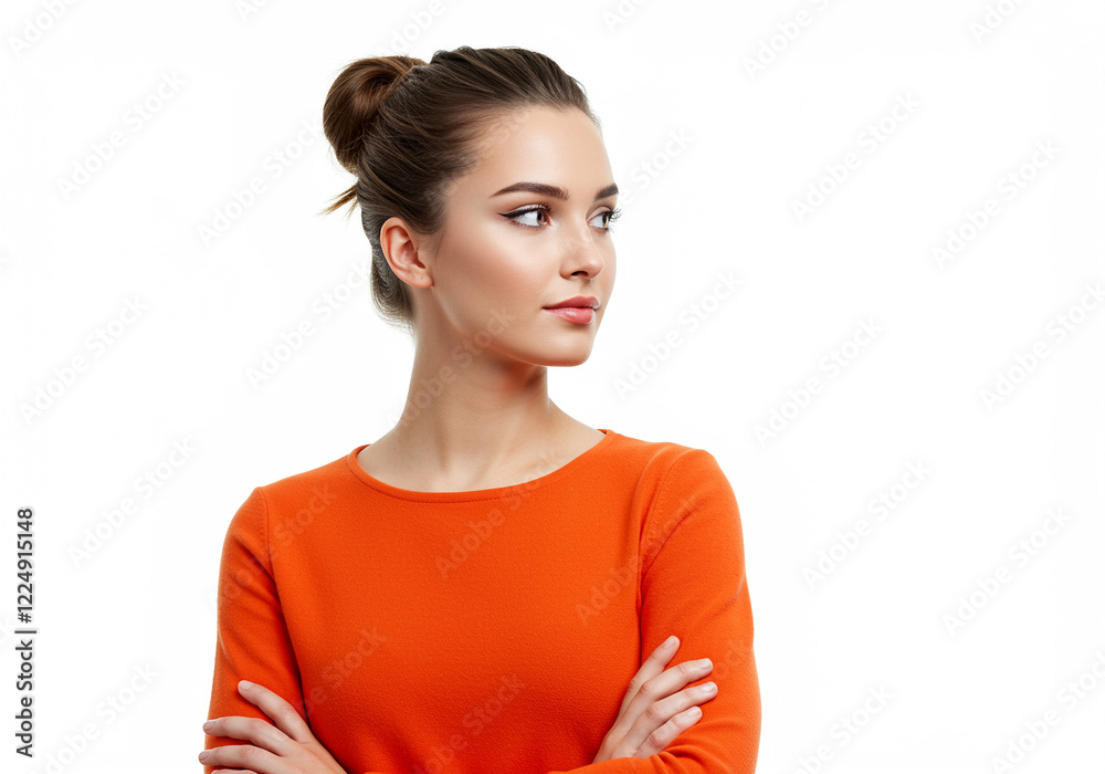 Confident woman portrait in orange dress with crossed arms and natural makeup Confident woman portrait in orange dress with crossed arms and natural makeup