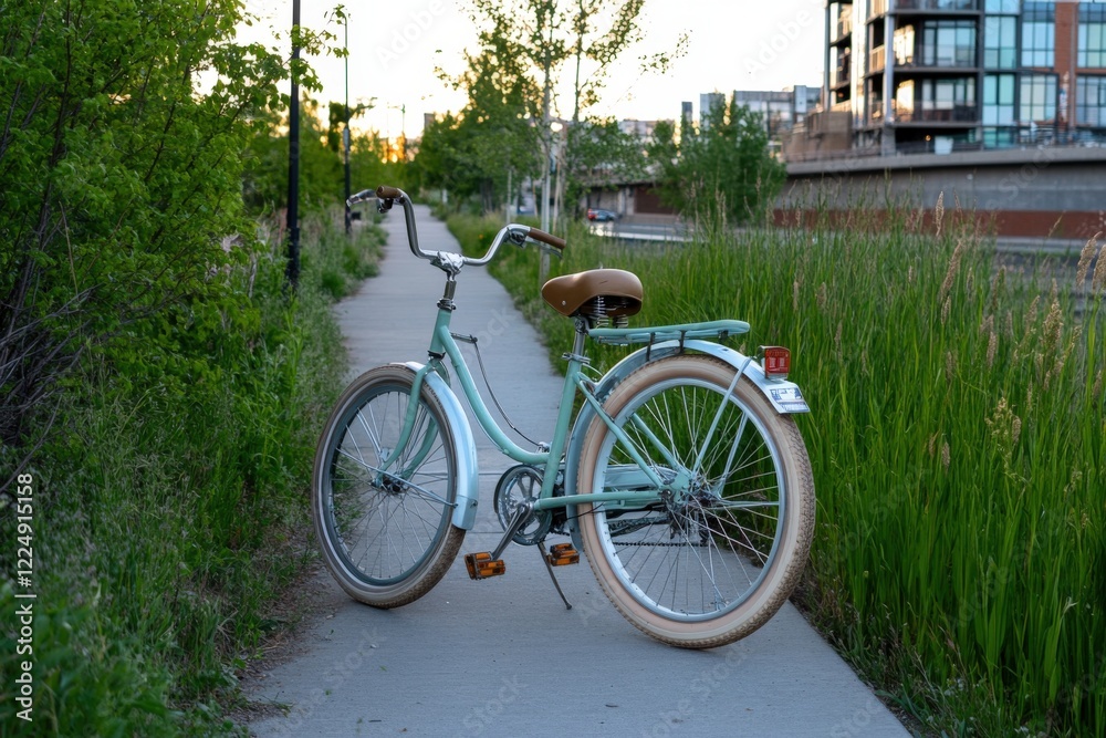 Cruiser Bicycle Parked on East Village Pathway in Calgary, Alberta, Canada Cruiser Bicycle Parked on East Village Pathway in Calgary, Alberta, Canada