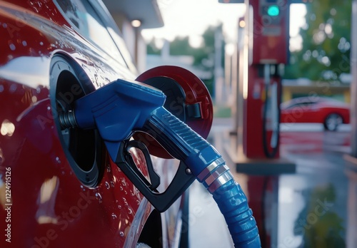 Close-up of blue fuel on the pump at a gas station with a red car getting fueled