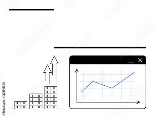 Bar chart buildings with upward arrows beside a monitored line chart. Ideal for business performance, growth strategies, financial analysis, investment, economics, startups, abstract line flat