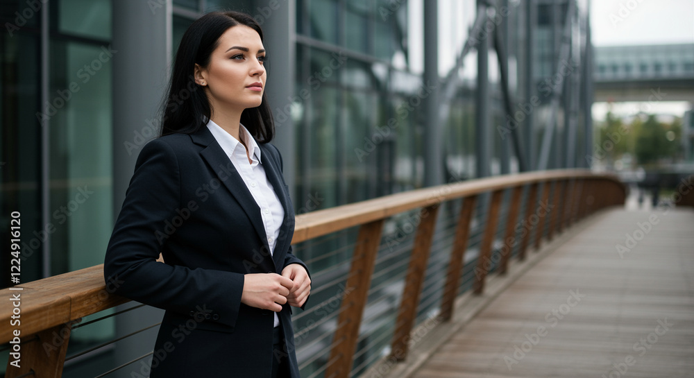 Businesswoman in professional attire standing confidently on a modern bridge Businesswoman in professional attire standing confidently on a modern bridge