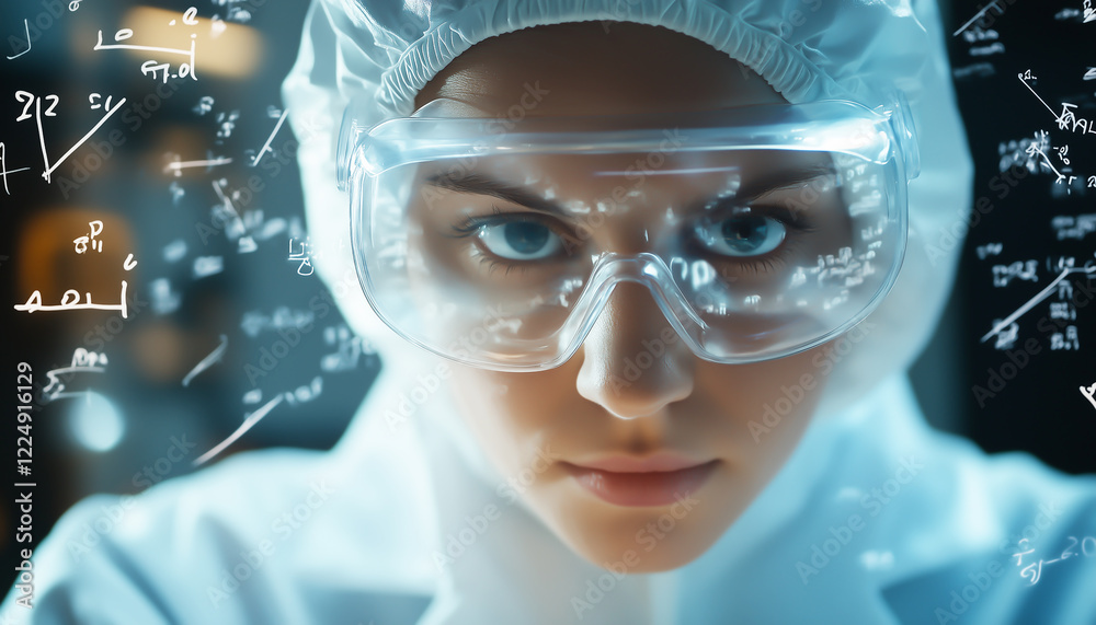 A scientist staring intently through protective goggles, surrounded by floating equations. Generative AI. A scientist staring intently through protective goggles, surrounded by floating equations. Generative AI.