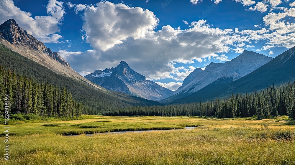 Majestic mountain range view with a lush green meadow in the valley under a cloudy sky Majestic mountain range view with a lush green meadow in the valley under a cloudy sky